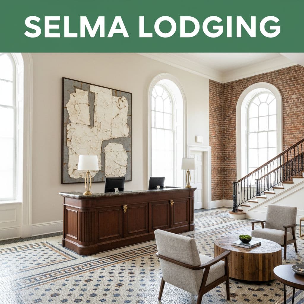 A bright hotel lobby in Selma features modern furniture blending with historic architecture under natural sunlight.