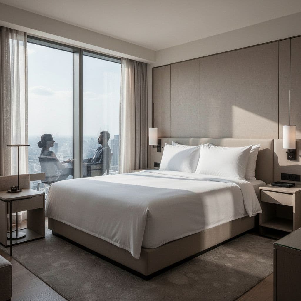 A bright and inviting hotel bedroom featuring clean minimalist decor and a plush, neatly made bed.