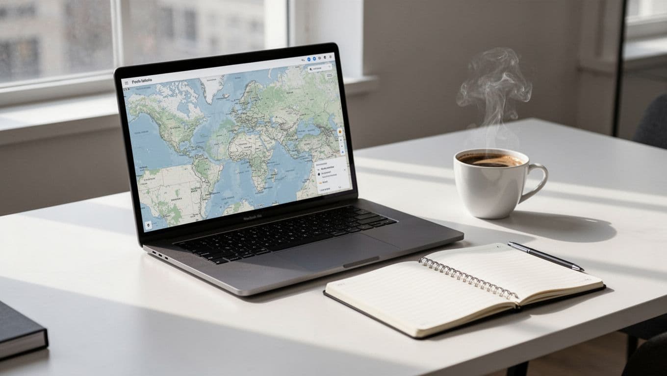 A clean desk features a laptop displaying a map, a notepad, and a cup of coffee.