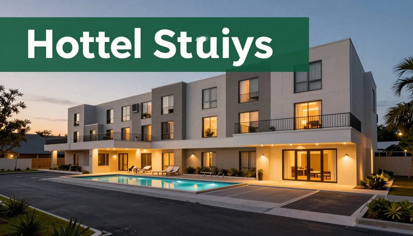Contemporary hotel exterior at dusk with pool area, empty parking lot, warm lights, and green 'Hotel Stays' header band.