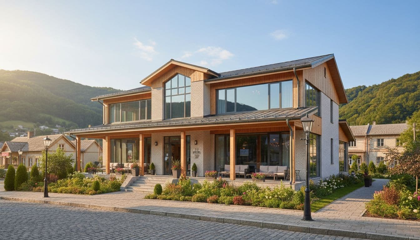 A clean, inviting hotel building exterior stands under soft daylight in a small town.