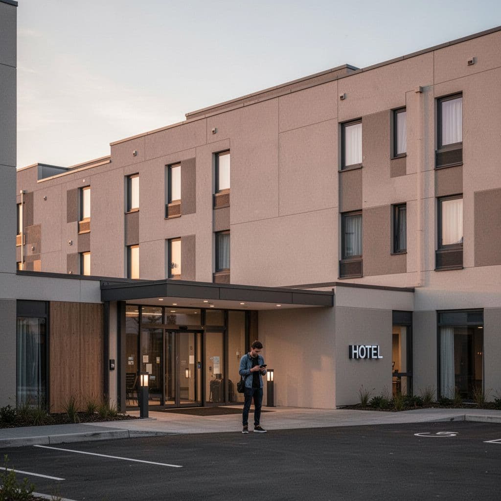 A traveler checks their phone outside a modern low-rise hotel during the soft morning light.