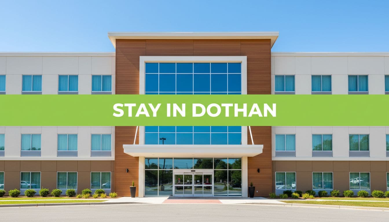 A modern hotel building stands under a bright blue sky with a green brand banner.