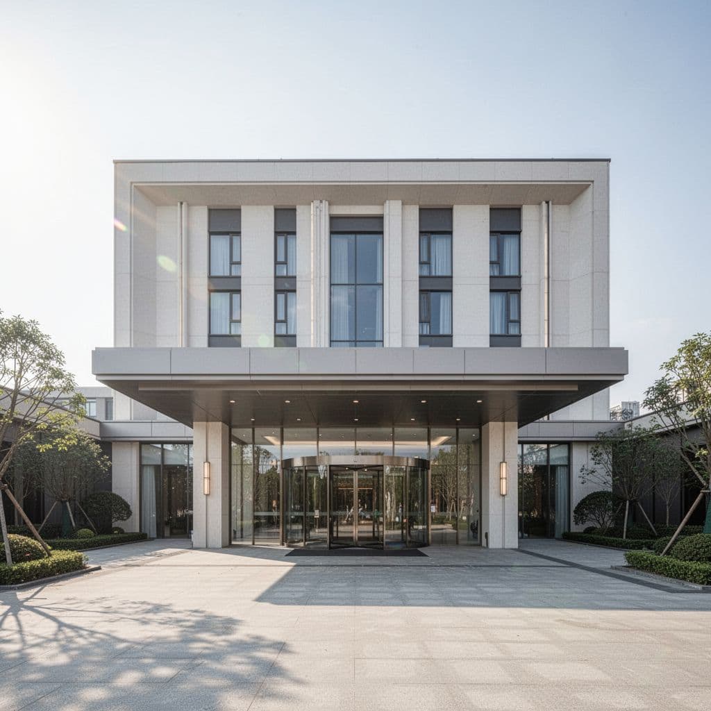 A minimalist hotel entrance featuring clean architectural lines and a prominent banner under bright daylight.