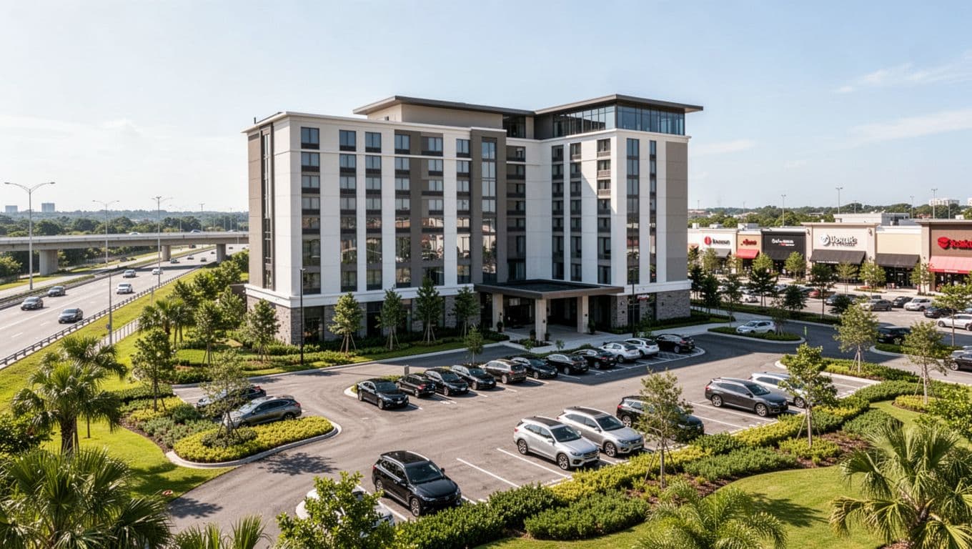 A multi-story contemporary hotel sits beside a paved parking lot and lush green landscaping.