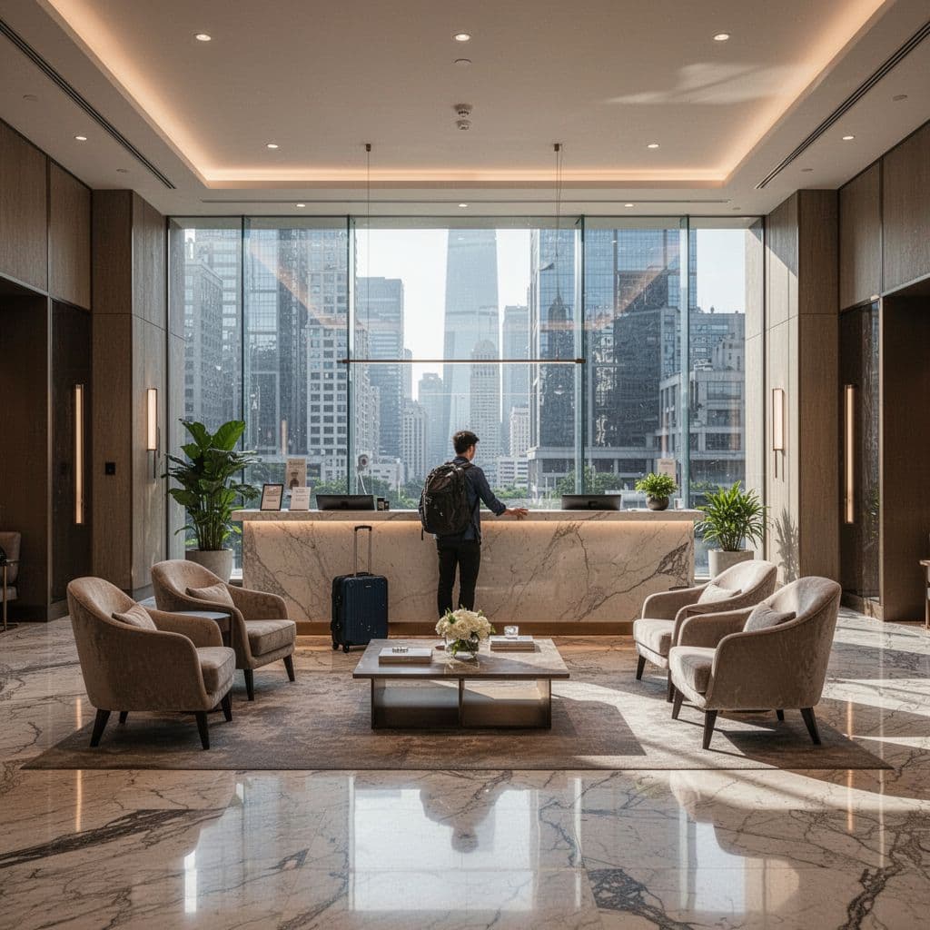 A stylish hotel lobby features comfortable seating, warm lighting, and a front desk.
