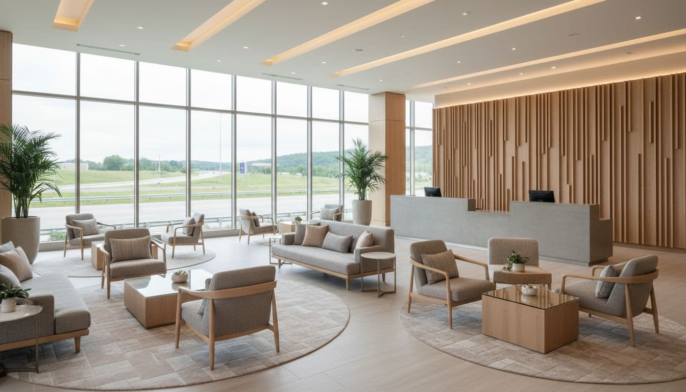 A spacious, modern hotel lobby features comfortable lounge seating and floor-to-ceiling windows with a neutral decor.
