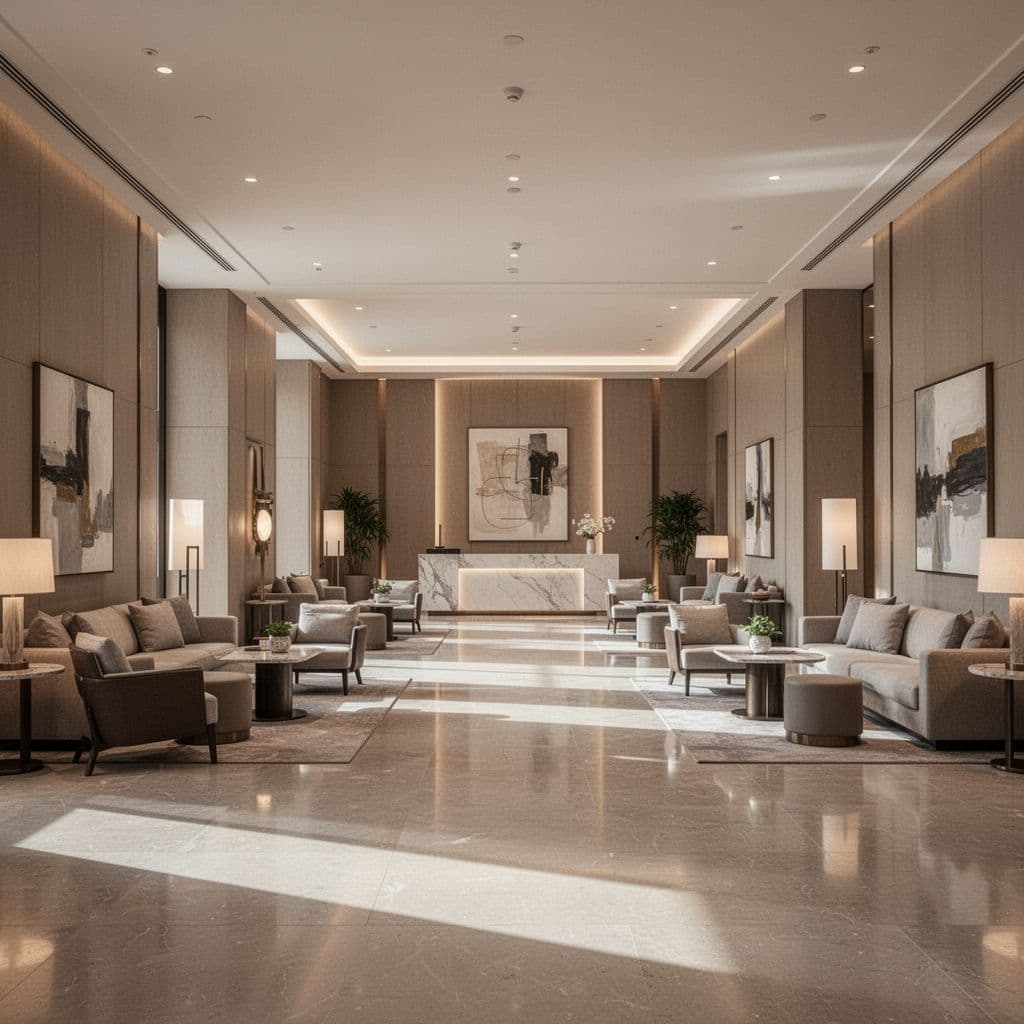 A spacious, modern hotel lobby features minimalist furniture and soft ambient lighting in a quiet setting.