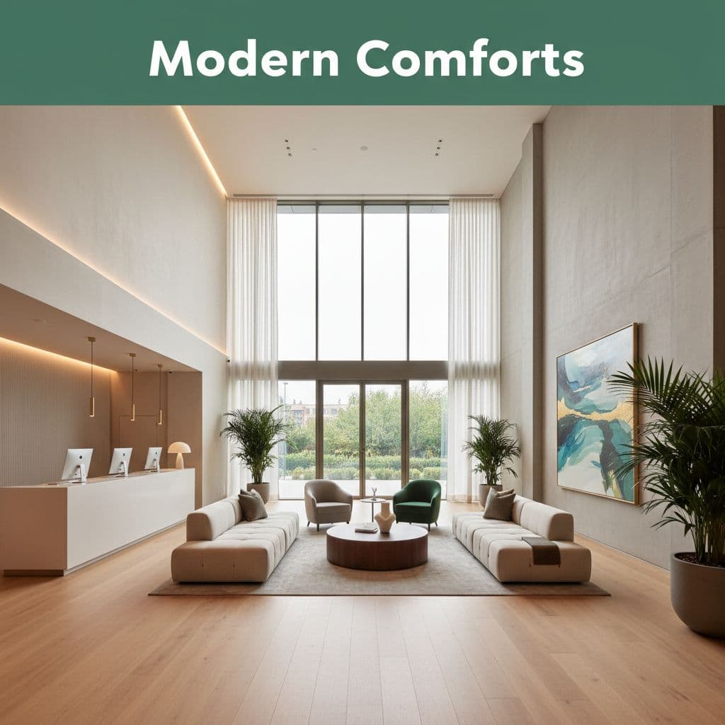 A bright hotel lobby features minimal furniture, high ceilings, and large windows with a bold header.