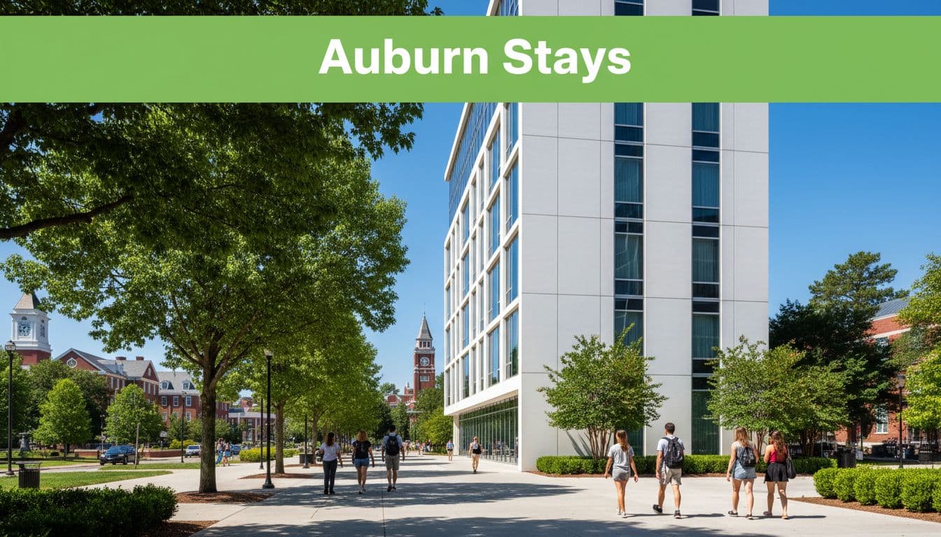 A sleek hotel building sits under a bright sky with a green banner featuring white text.
