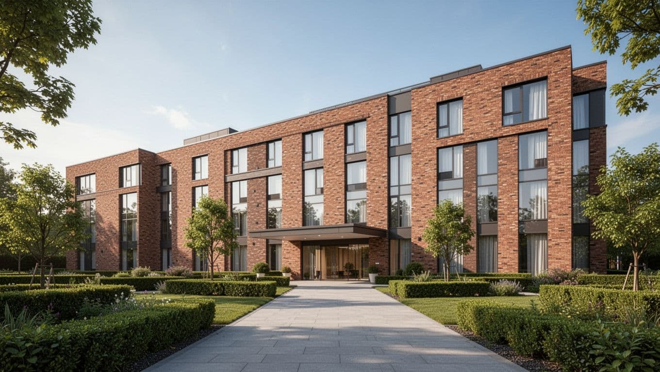 A modern brick hotel exterior features tidy landscaping under bright, natural daylight.