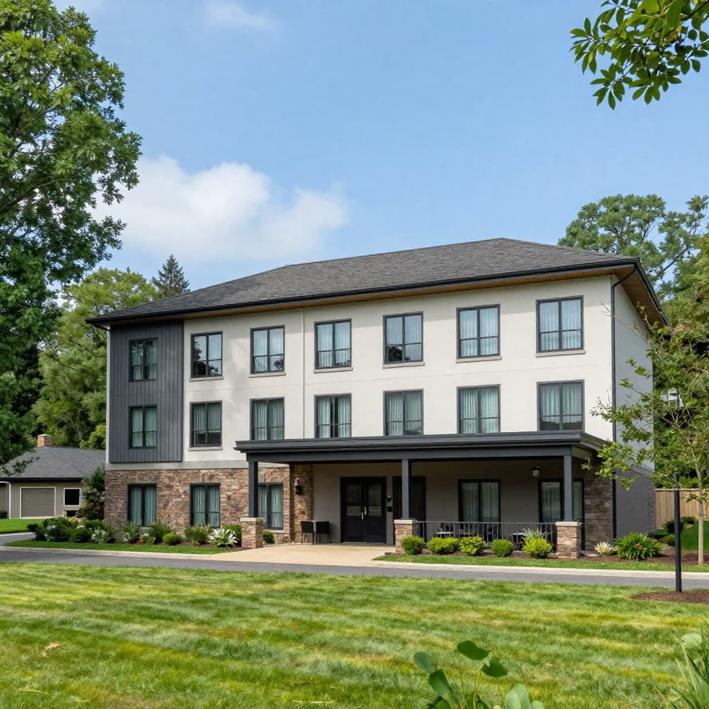 A contemporary hotel building sits nestled in a lush, green countryside landscape under a clear blue sky.