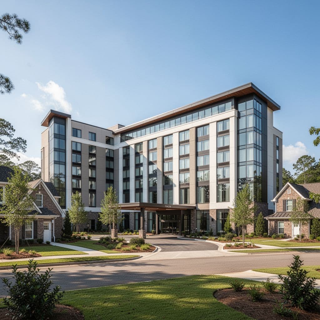 A modern hotel exterior with a green banner featuring the text Lodging Near Walnut Grove.