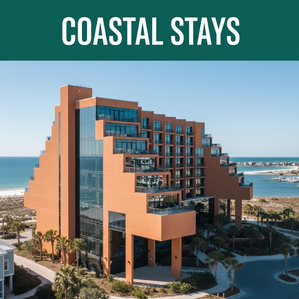 A sleek modern hotel building stands under a bright sky with a coastal bay in the background.