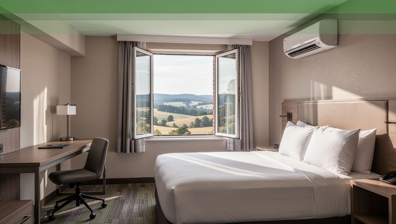 Green 'Room View' header above clean modern hotel room with king bed and Alabama countryside window view.