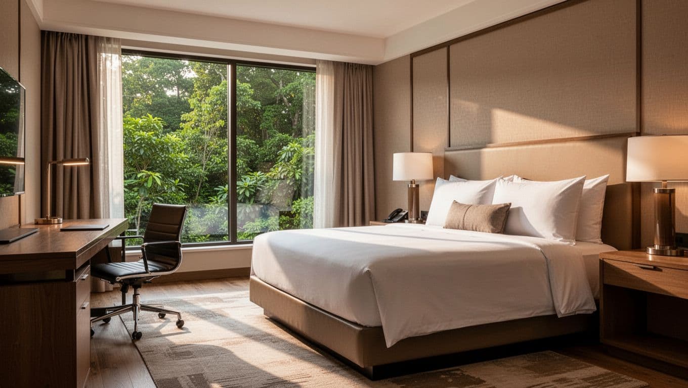 Clean hotel room interior with king bed, desk, chair, and window greenery view under 'Hotel Amenities' banner.