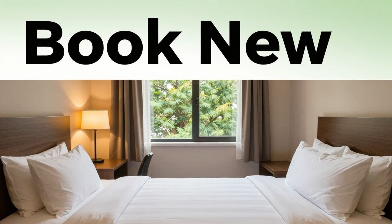Modern hotel room with clean queen bed, desk, lamp, tree-view window under green Book Now band.