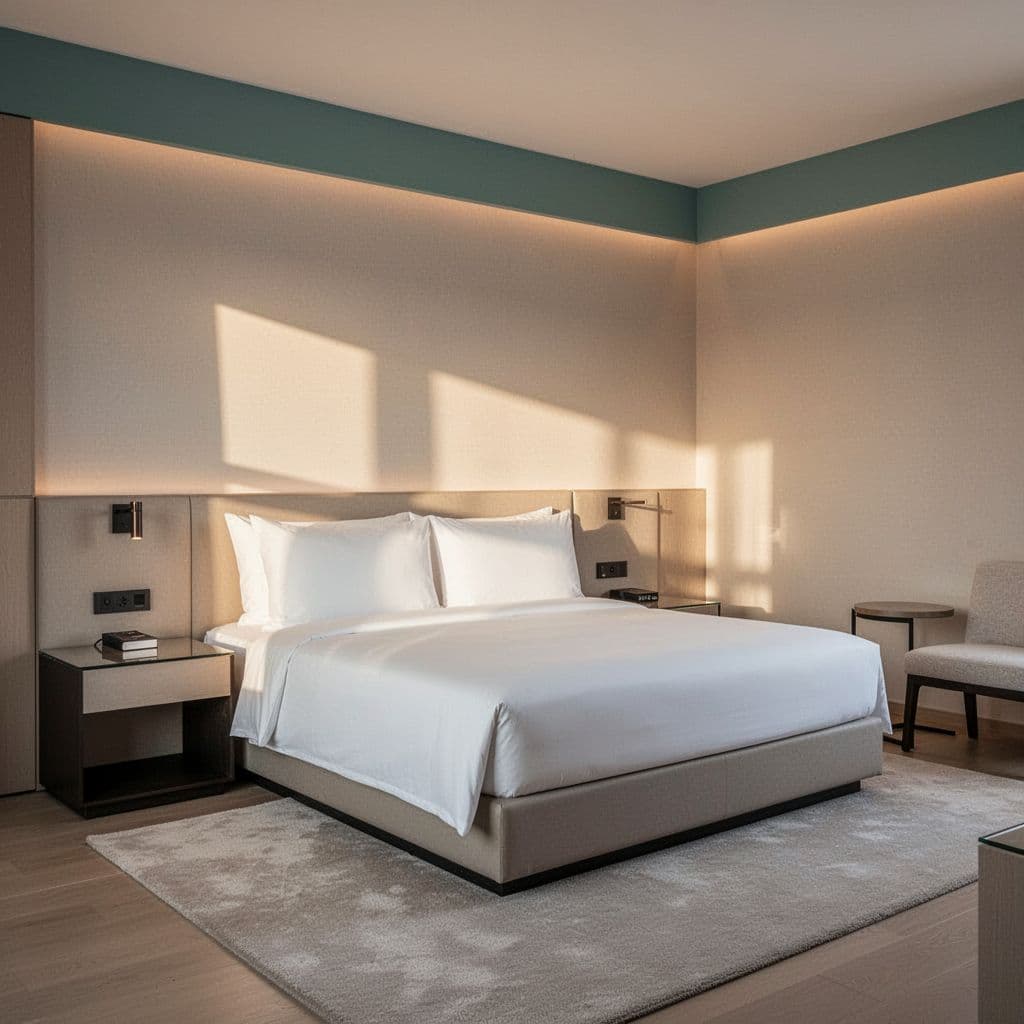 A clean, minimalist hotel room featuring neatly made beds with warm accent lighting.
