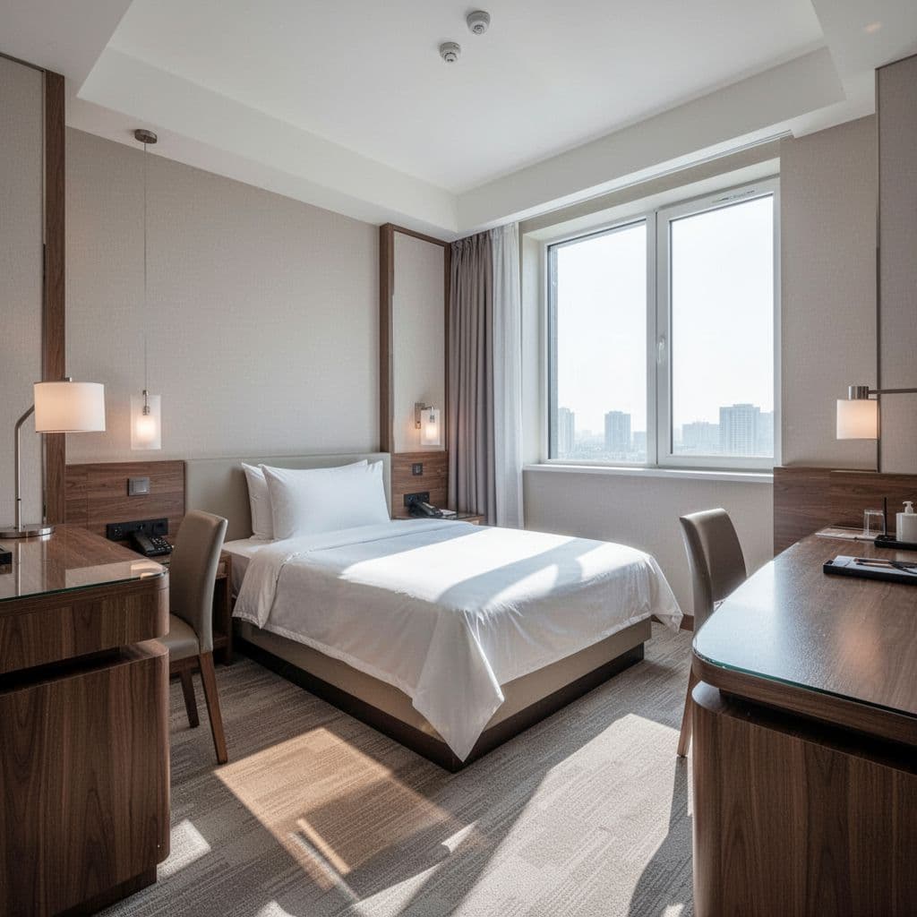 A bright, modern hotel bedroom with white linens, a wooden desk, and sunlight from the window.