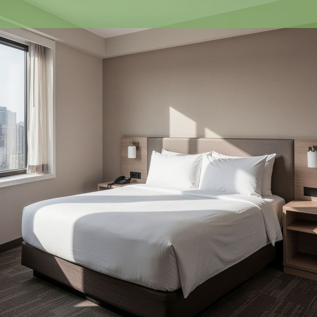 A clean, minimalist hotel room features neatly made beds and neutral decor with a green accent header.