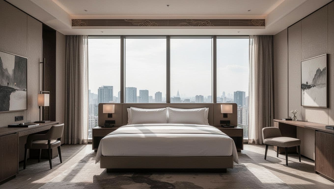 A spacious, modern hotel room featuring minimalist decor, high-quality furniture, and large bright windows.