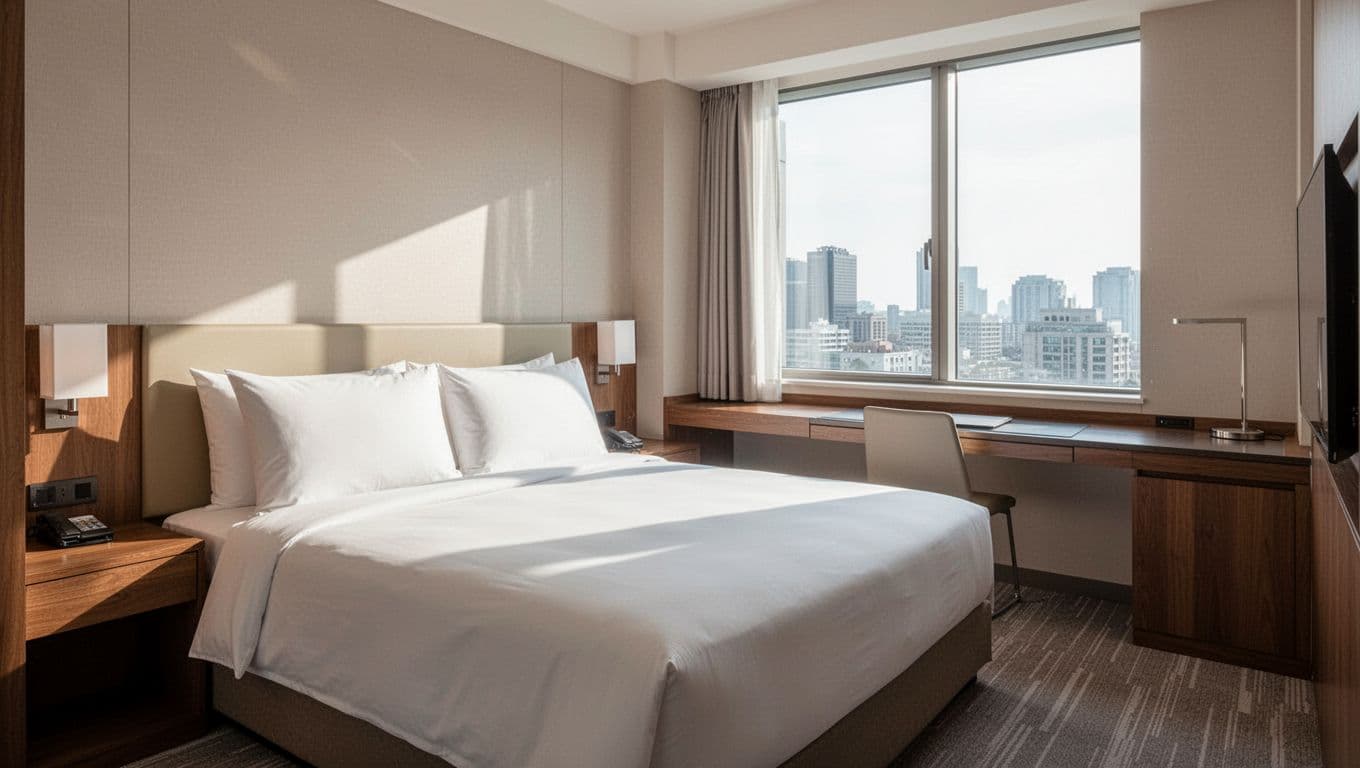 A bright hotel bedroom features a neatly made bed and desk area bathed in natural sunlight.