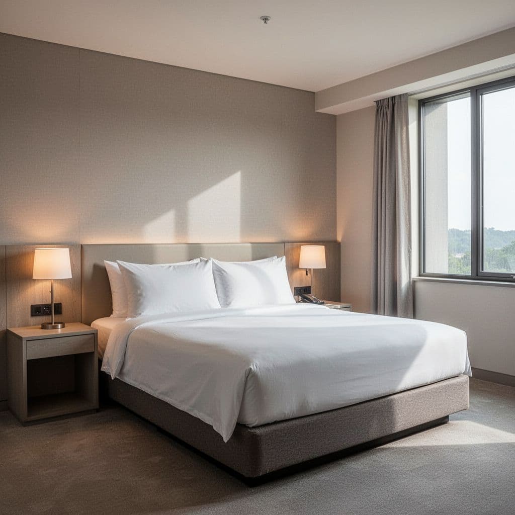 A minimalist hotel bedroom features clean white linens and soft lamps under a Comfortable Stays headline.