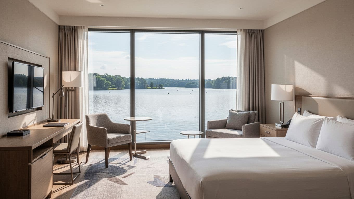 A bright hotel room features modern furniture and a large window overlooking a peaceful lake.