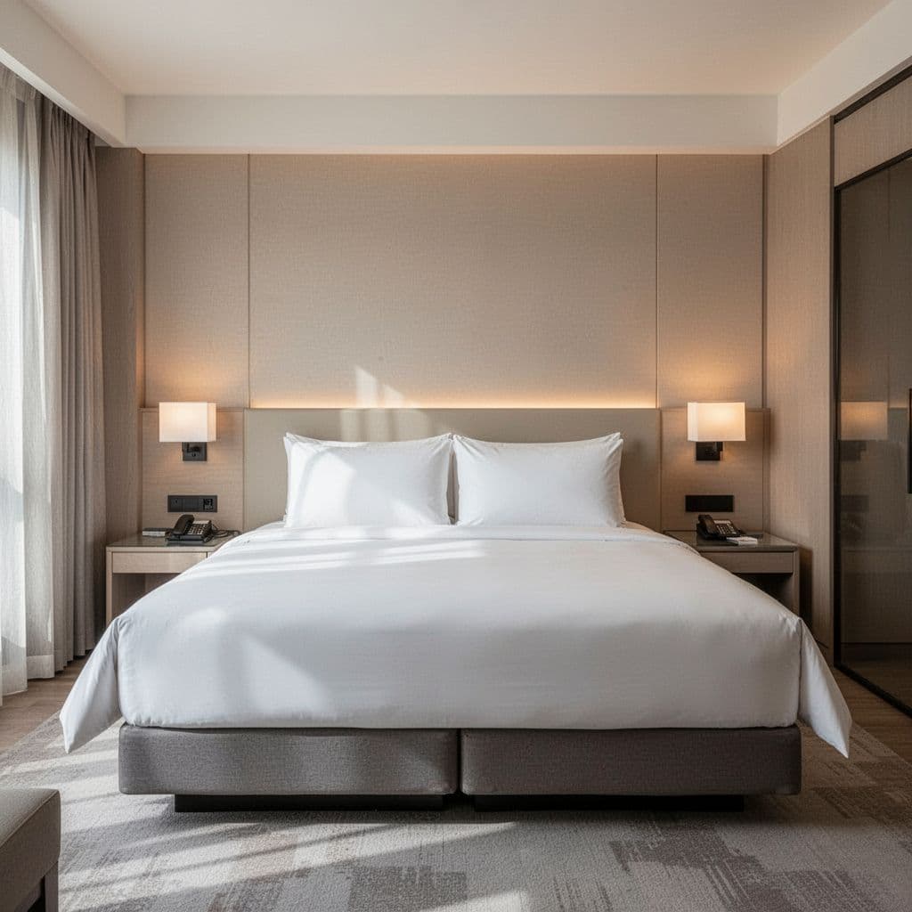 A clean, minimalist hotel bedroom featuring a queen bed with white linens and warm ambient lighting.