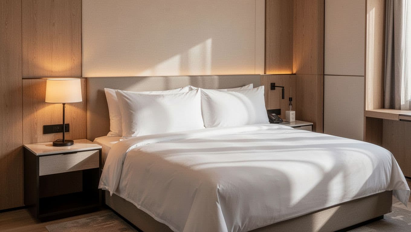 A neatly made bed sits in a clean, contemporary hotel room featuring warm ambient lighting.