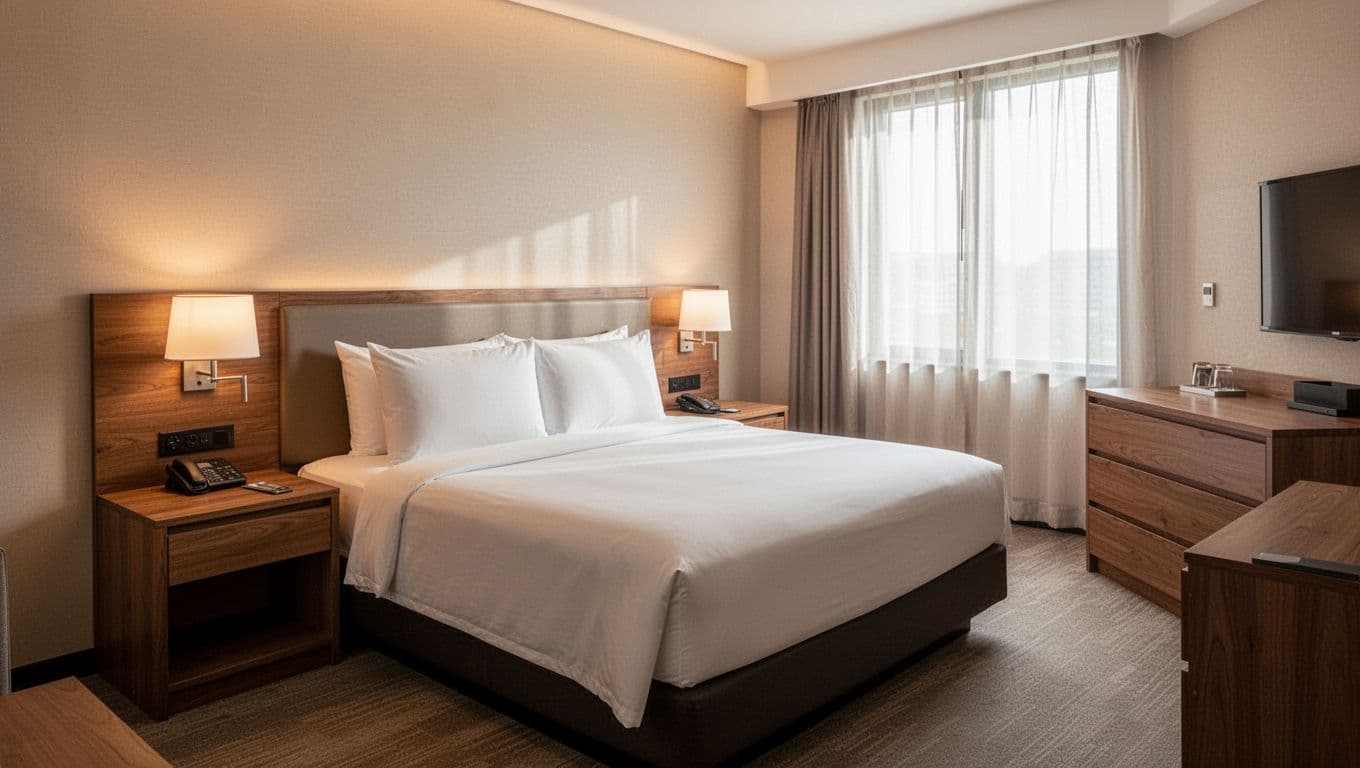 A neatly made queen bed sits in a bright hotel room with wooden furniture and warm lighting.