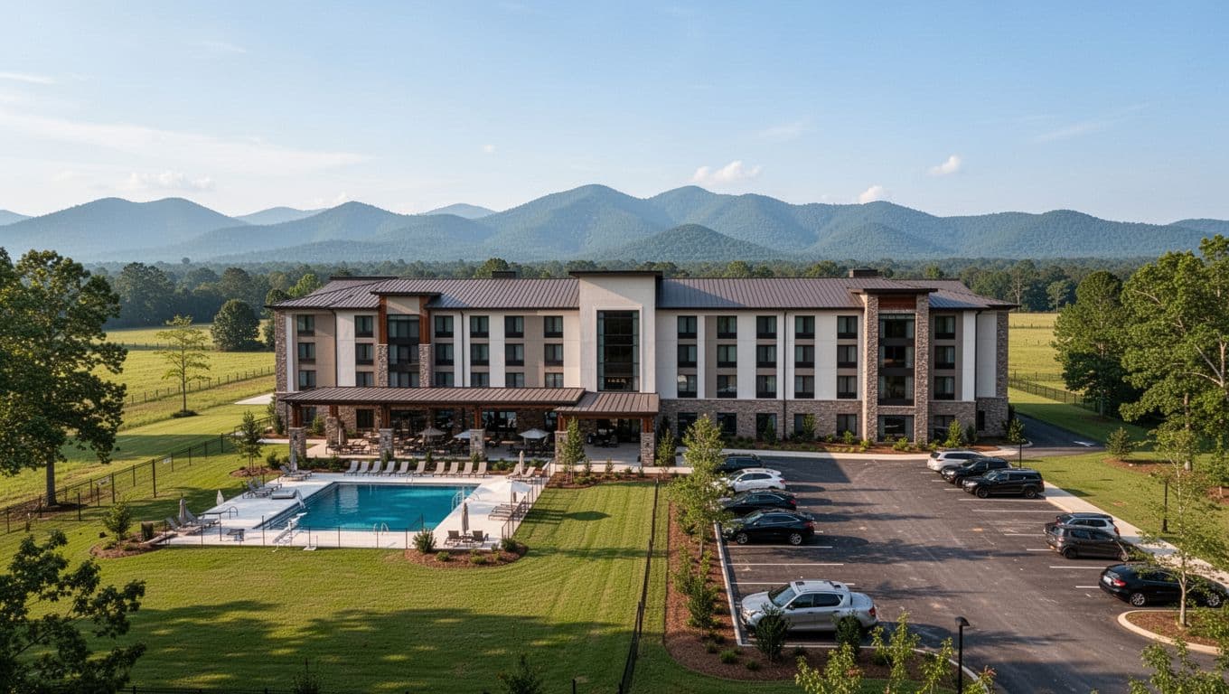 Modern hotel exterior with foreground pool and parking lot amid green lawns near mountains under clear blue sky.
