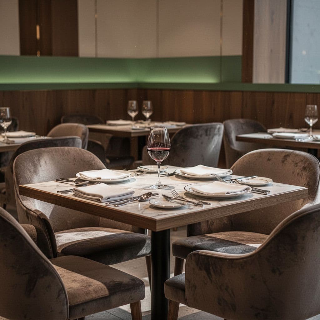 An elegant table setting inside a warm, modern restaurant with a bold green headline above.
