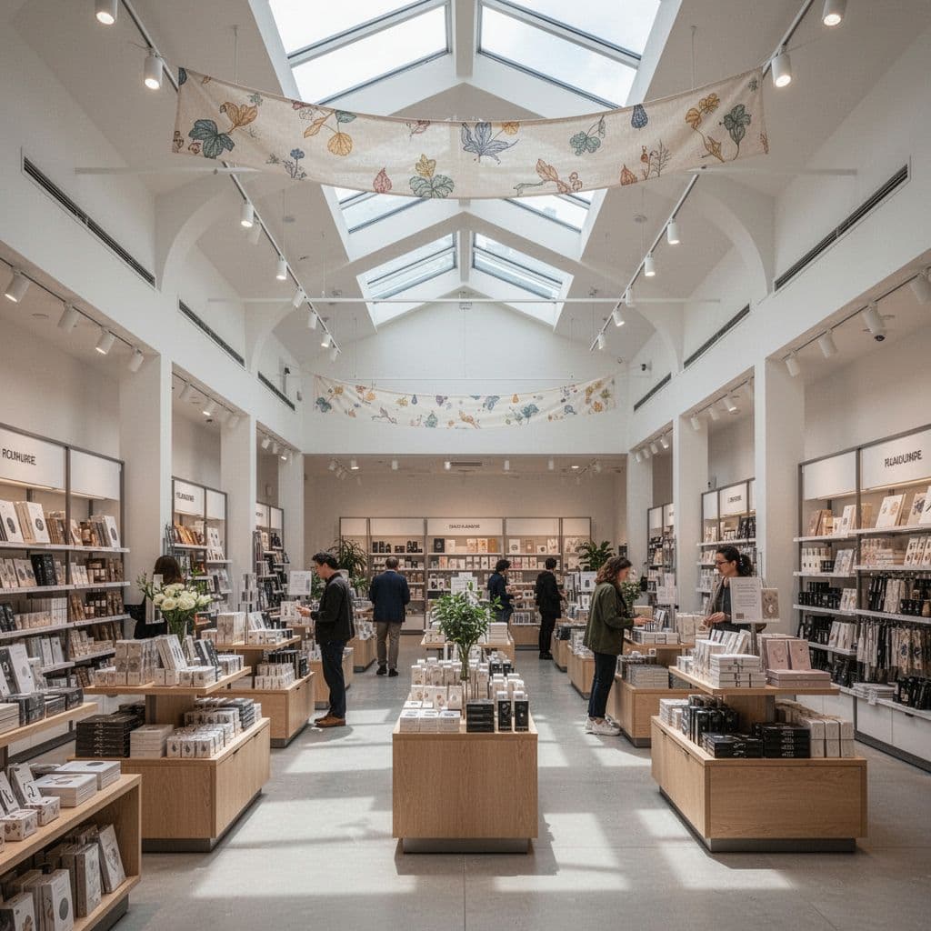 A bright, organized retail store with high ceilings features wide aisles and a Local Exploration headline.