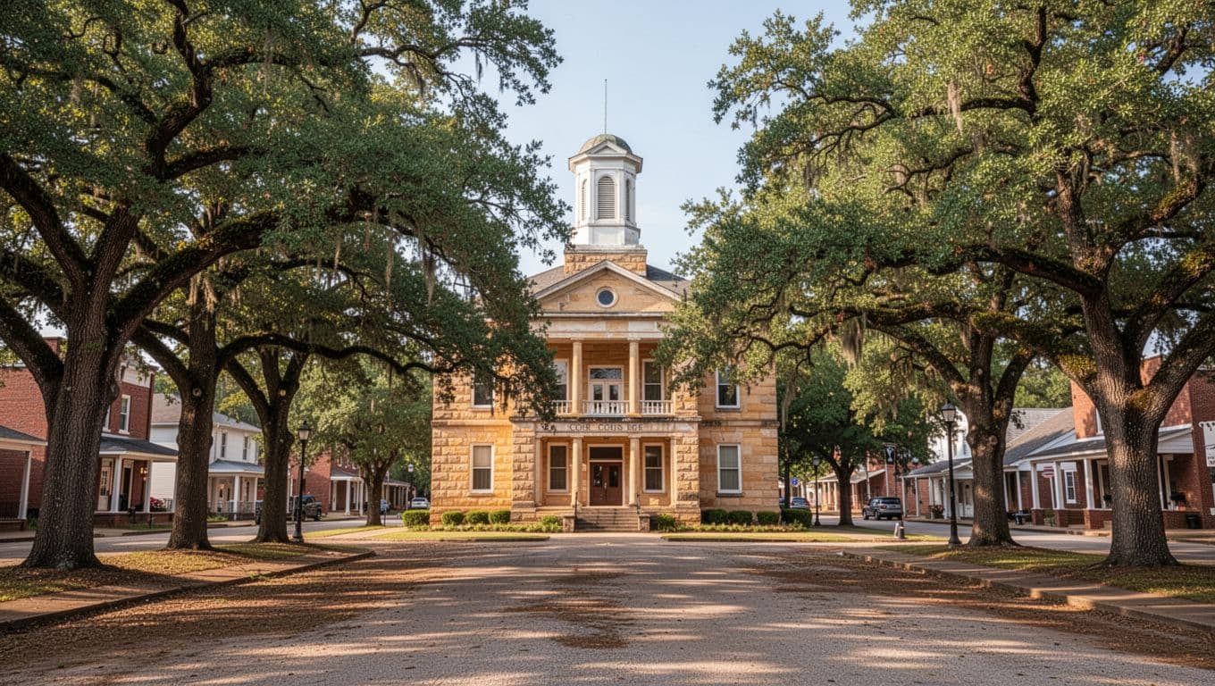 Monroe County town square with historic courthouse and oak trees below green 'Monroe Attractions' headline band.