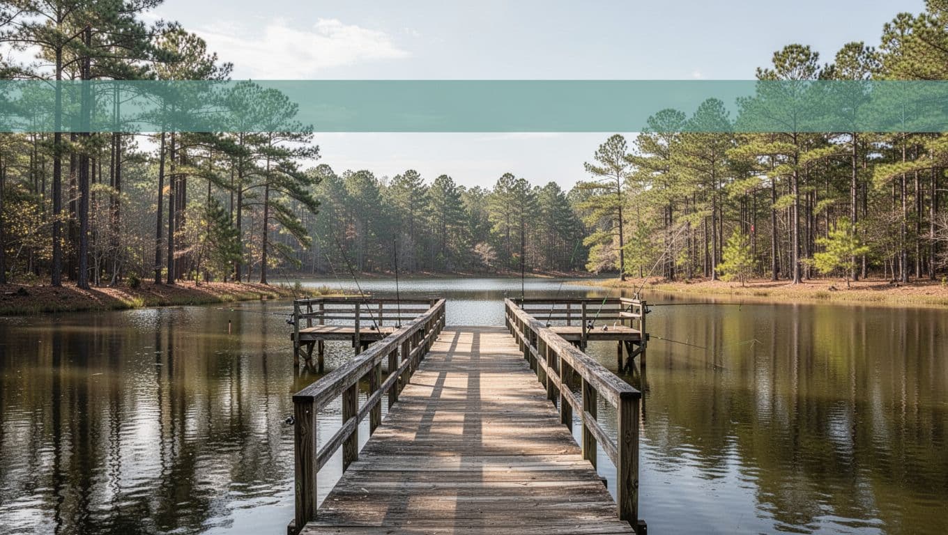 Calm Monroe County lake with fishing pier and pine trees below green 'Book Smart' headline band.