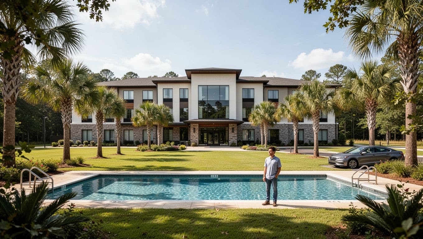 Modern hotel exterior with foreground swimming pool, palm trees, green lawns, and parked car in rural Alabama daylight.