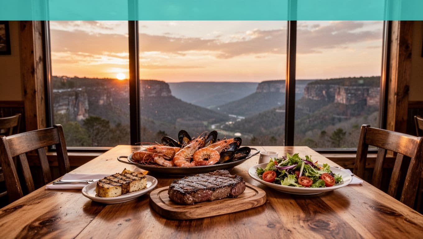 Green header band with 'Mountain Grill' title above cozy interior, wooden table with steak and seafood, large window to sunset canyon.