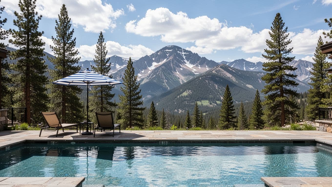Outdoor pool with two lounge chairs and umbrella amid pine trees and distant Lookout Mountain peaks under partly cloudy sky, topped by green banner reading Pool Views.