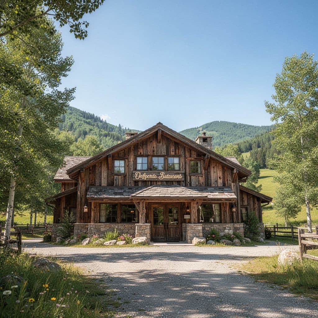 A rustic mountain-style restaurant building sits in a sunny rural landscape with green trees nearby.