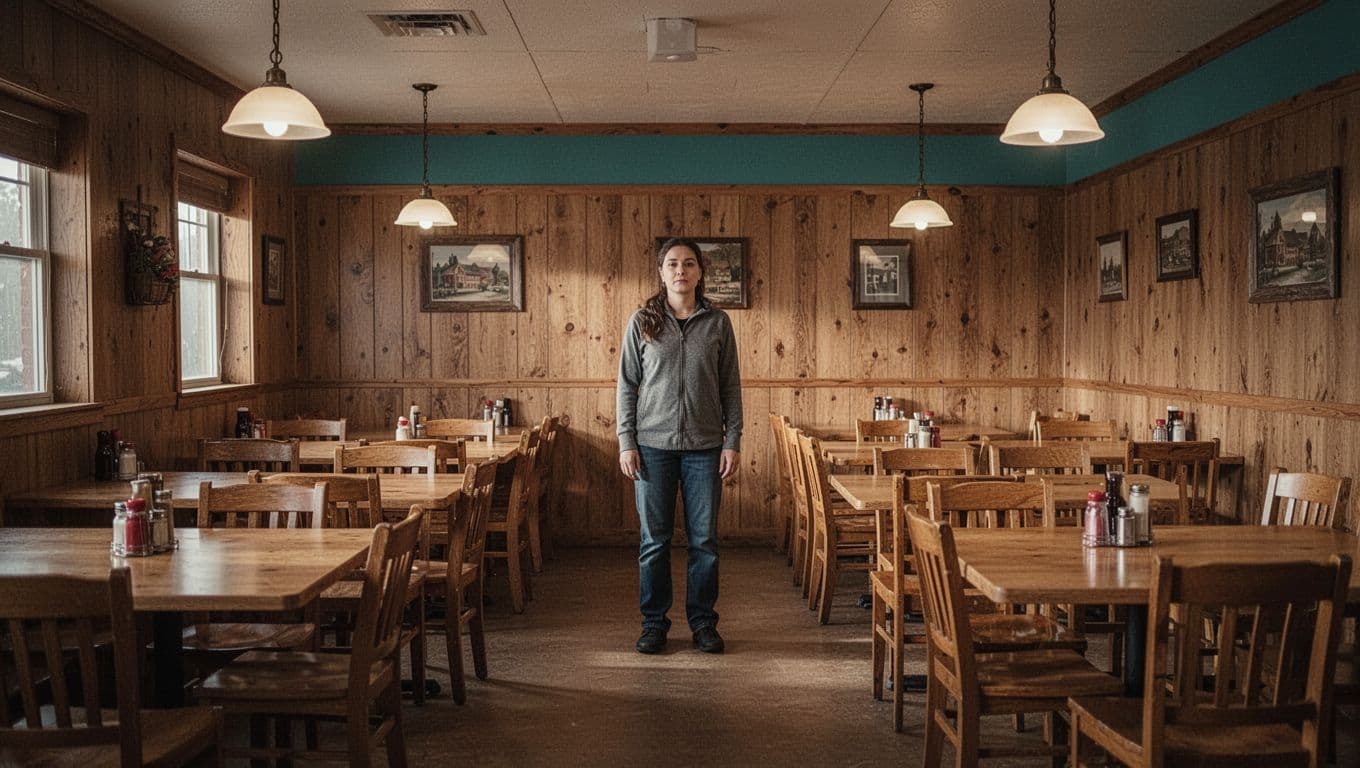 Rustic dining area with wood paneling, simple wooden tables and chairs, warm lighting, one server, and top green 'Mountain Parkway Grill' headline band.
