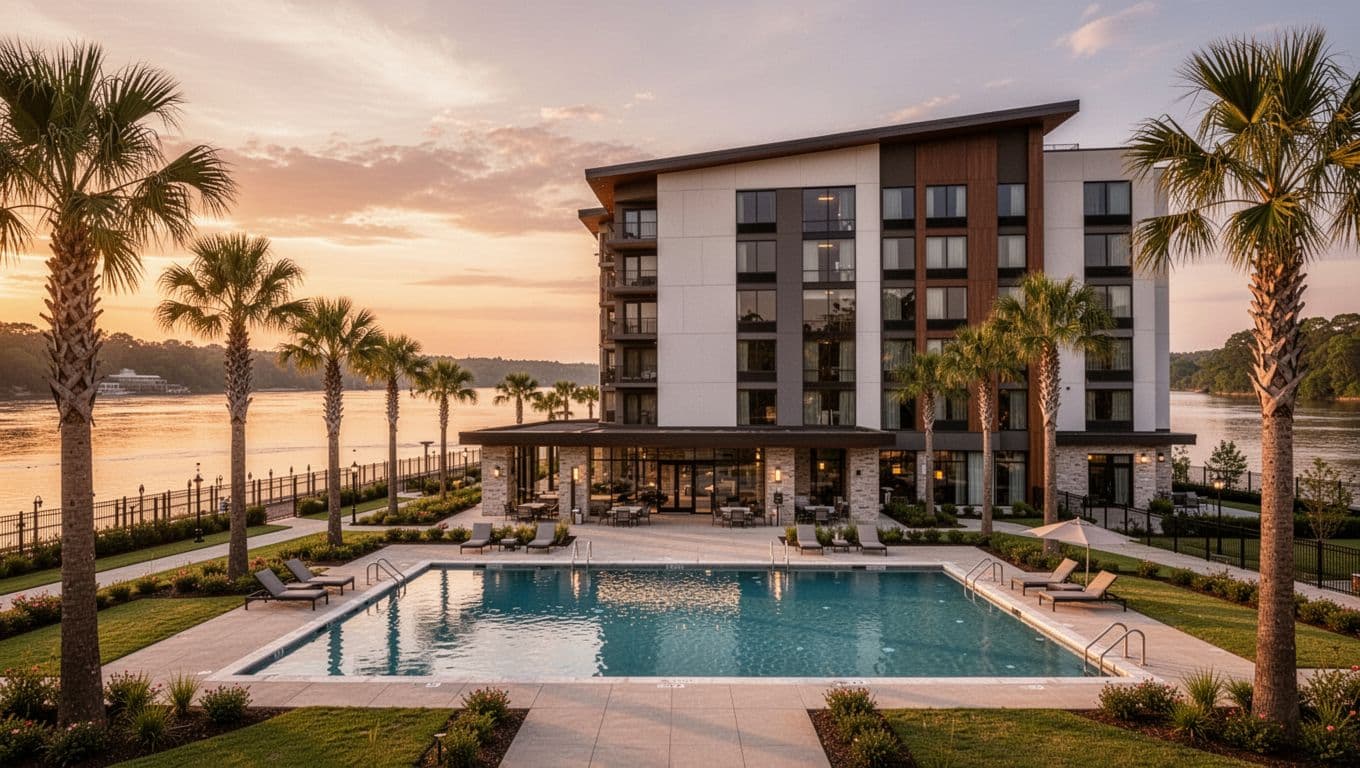 Modern riverfront hotel exterior with pool overlooks Tennessee River at sunset amid palm trees, green banner reads 'Nearby Resorts'.