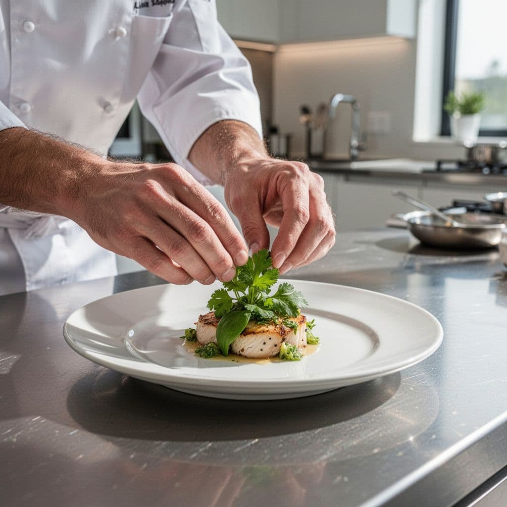 A chef garnishes an elegant dish in a bright kitchen under a bold Local Dining banner.