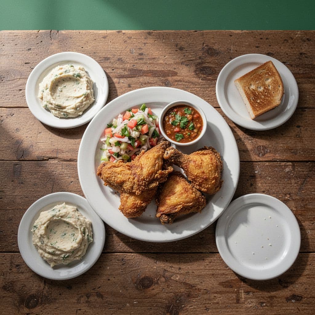 A top-down view shows fried chicken and sides served on a rustic wooden table.