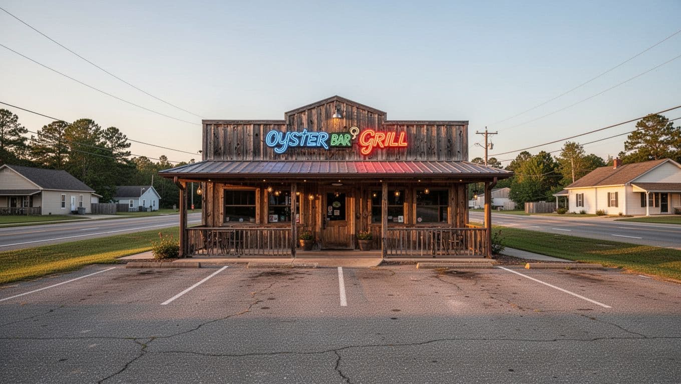 Single wooden Nate's oyster bar building by empty highway parking lot in rural Alabama under golden hour sky with green 'Nate's Standout' top banner.