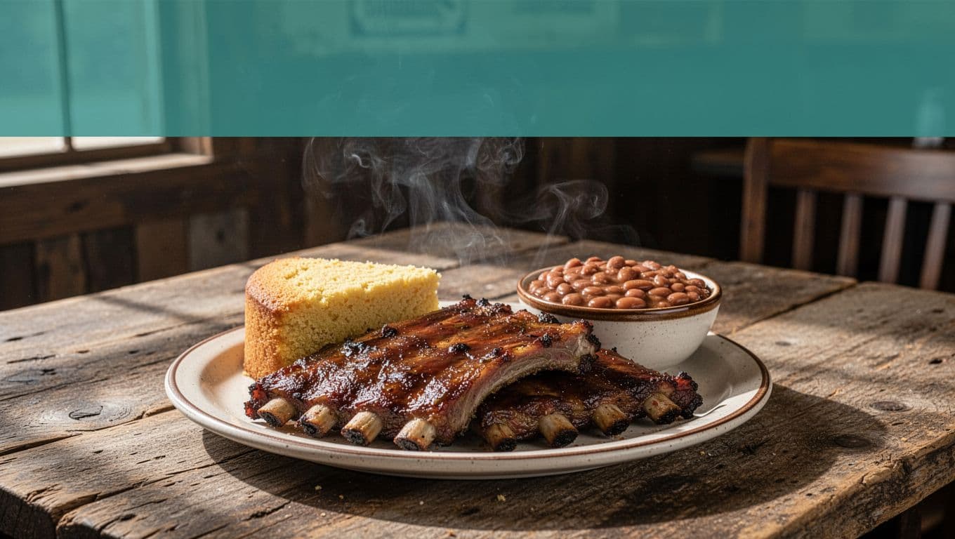 Green band with 'Nearby Favorites' headline above smoked BBQ ribs platter, cornbread, and beans on wooden table in rustic interior.
