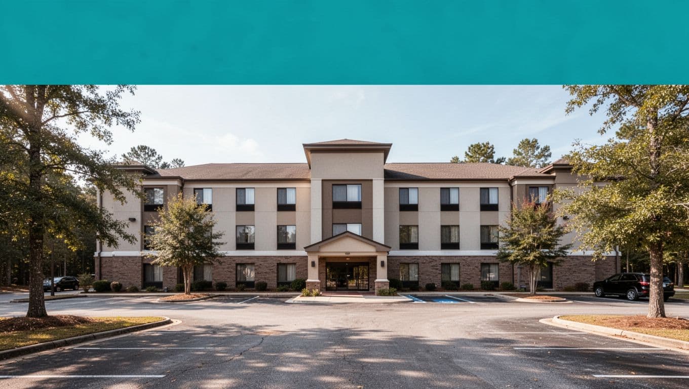 Green top banner shows 'Nearby Picks' above modern chain hotel exterior in sunny suburban parking lot with trees.