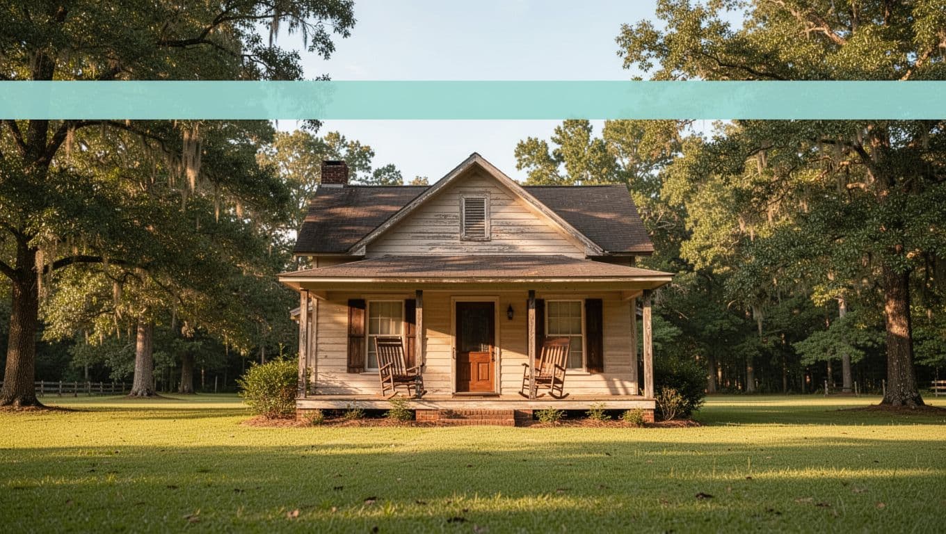 Green band with 'New Brockton B&B' headline tops front view of rural house, porch with two rocking chairs, green lawn, trees on sunny day.