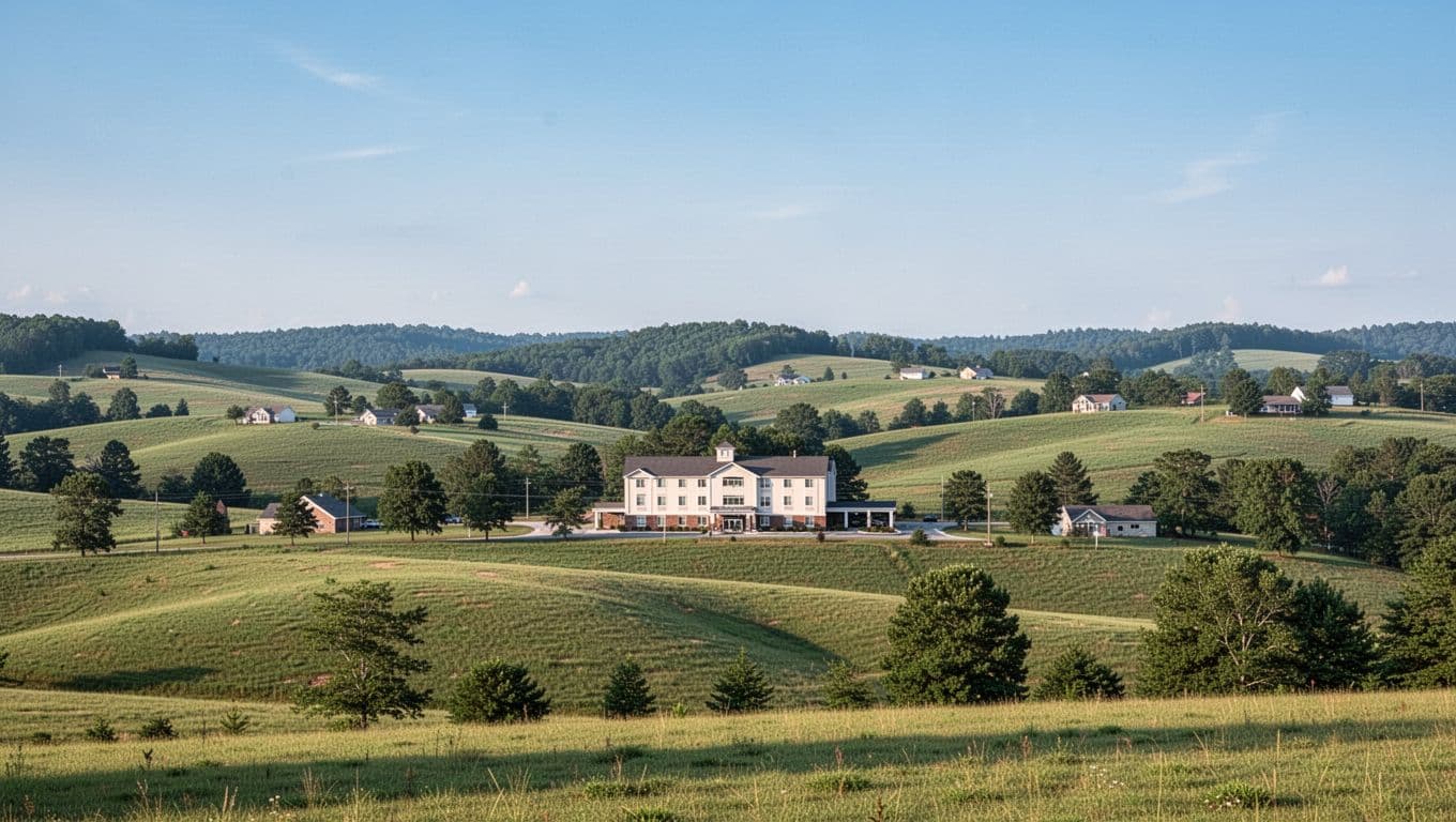 Rolling hills, green fields, scattered homes, and focal hotel near New Market under blue sky, with green top band 'New Market Stays'.