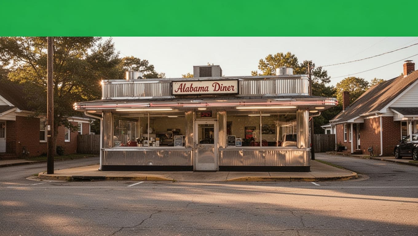 Green banner with 'NEWTON EATS' headline tops cozy small-town Alabama diner exterior on sunny day.